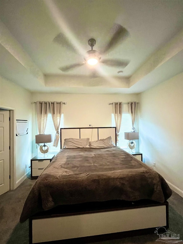 1315 W Scott St, Pensacola, FL 32501 - bedroom featuring baseboards, dark colored carpet, multiple windows, and a tray ceiling
