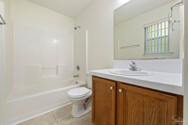 full bathroom with tile patterned floors, backsplash,  shower combination, toilet, and vanity