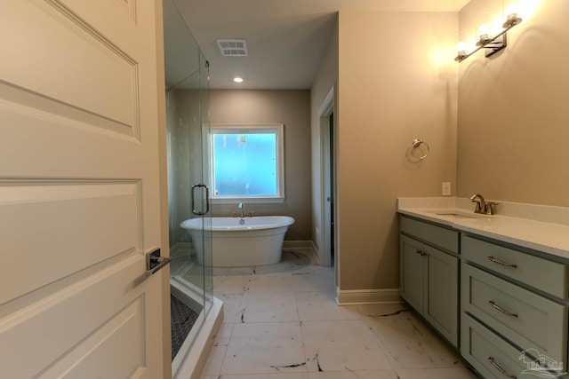 bathroom with vanity and plus walk in shower