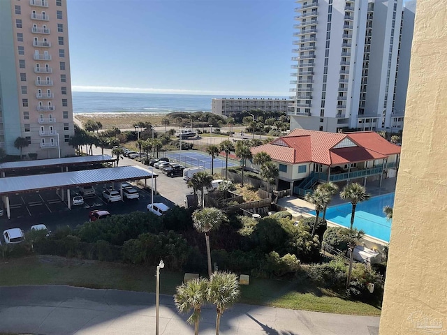 bird's eye view with a water view