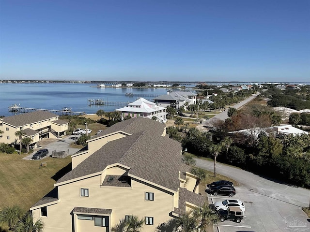 drone / aerial view with a water view