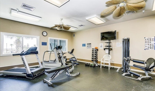 gym featuring ceiling fan