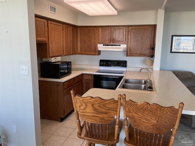 kitchen with sink, kitchen peninsula, white electric stove, and light tile patterned floors