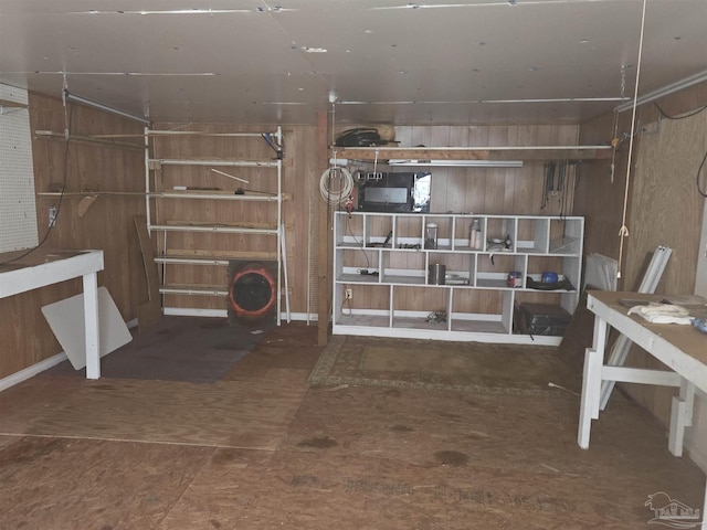 basement featuring wood walls