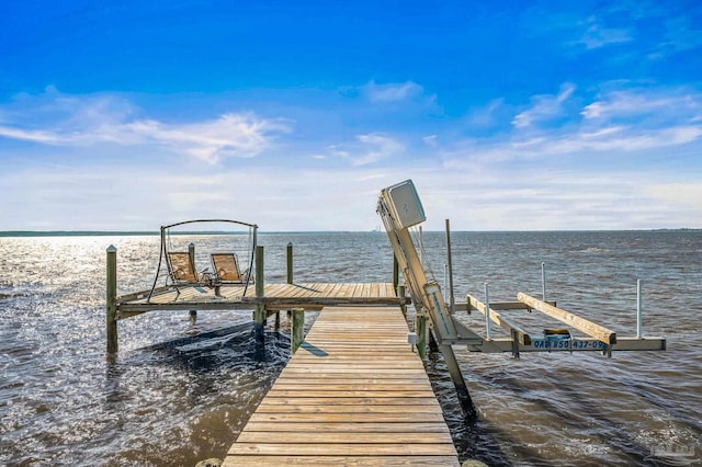 view of dock with a water view and boat lift