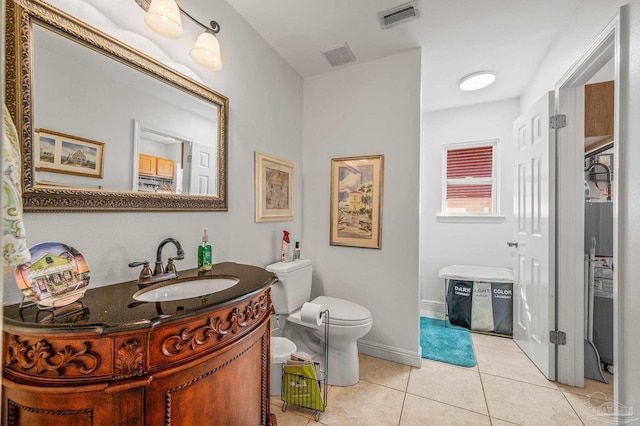 bathroom featuring tile patterned floors, visible vents, toilet, and vanity