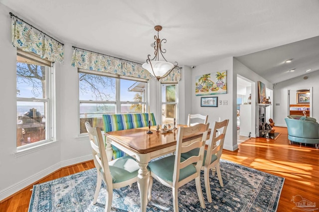 dining room with baseboards, wood finished floors, and vaulted ceiling