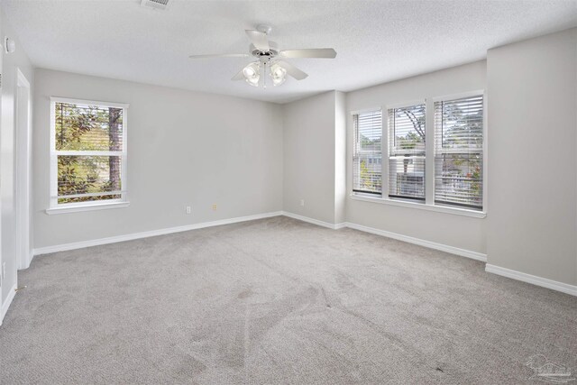 carpeted empty room featuring ceiling fan, a textured ceiling, and a wealth of natural light