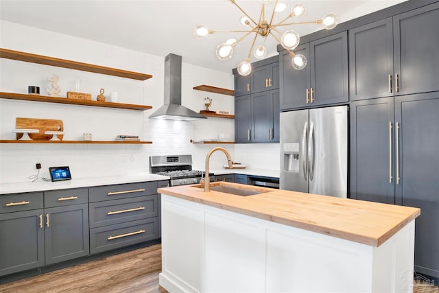 kitchen with wood counters, appliances with stainless steel finishes, a kitchen island with sink, sink, and wall chimney range hood