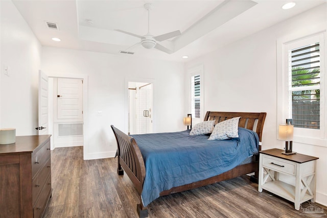 bedroom with a raised ceiling, multiple windows, ceiling fan, and dark hardwood / wood-style flooring