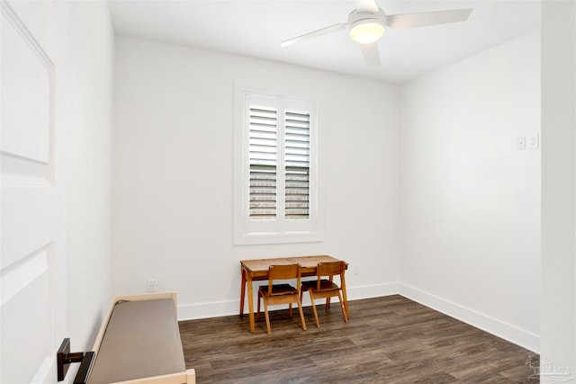 interior space featuring ceiling fan and dark wood-type flooring