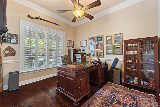 home office with ornamental molding, dark hardwood / wood-style floors, and ceiling fan