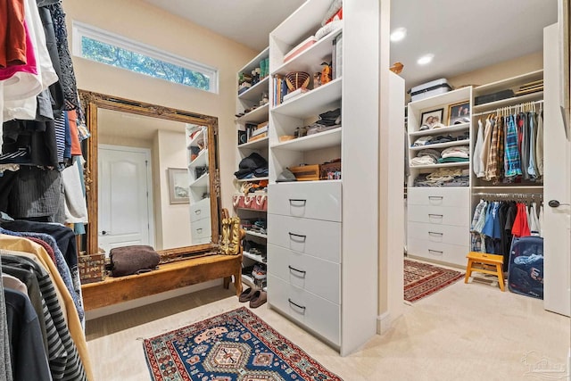 spacious closet featuring light carpet