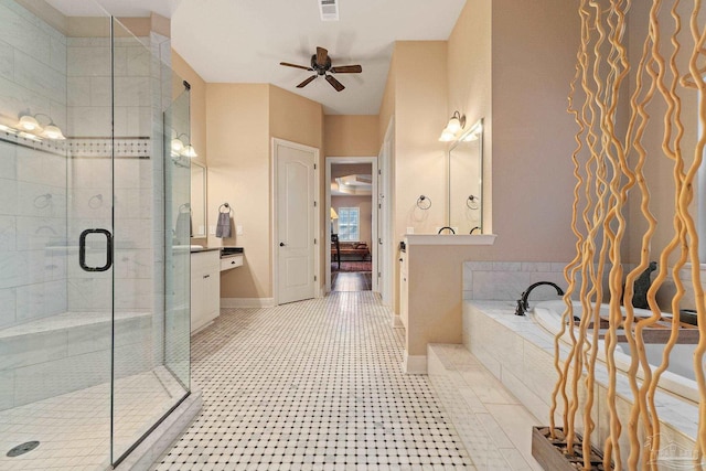 bathroom with ceiling fan and plus walk in shower