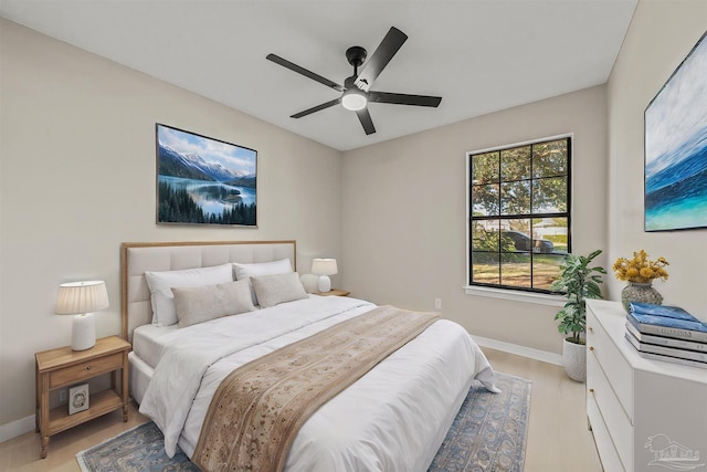 bedroom featuring light wood-type flooring and ceiling fan