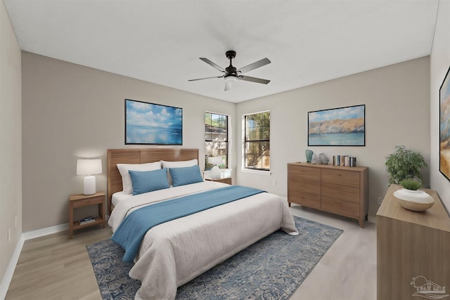 bedroom with ceiling fan and light wood-type flooring