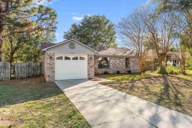 ranch-style home featuring a garage and a front lawn