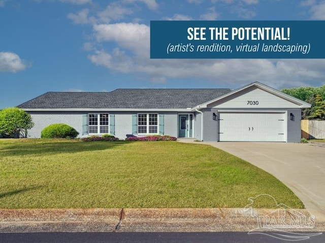 single story home featuring a front yard and a garage