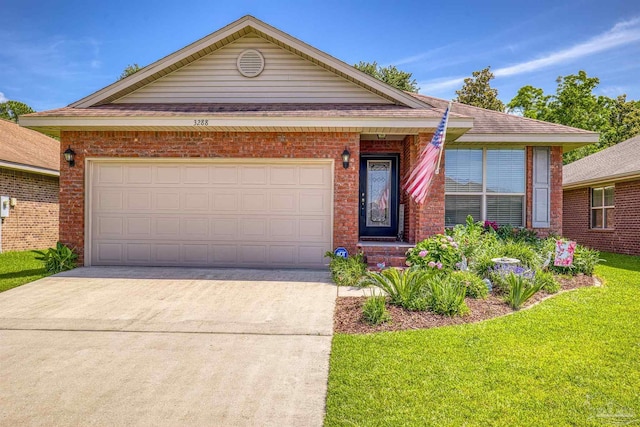 3288 Wasatch Range Loop, Pensacola, FL 32526 - view of front facade featuring concrete driveway, brick siding, a front yard, and a garage