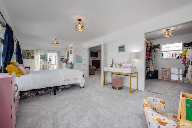 carpeted bedroom featuring a closet and multiple windows