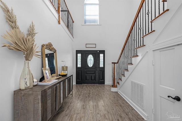 entrance foyer with wood-type flooring and a towering ceiling