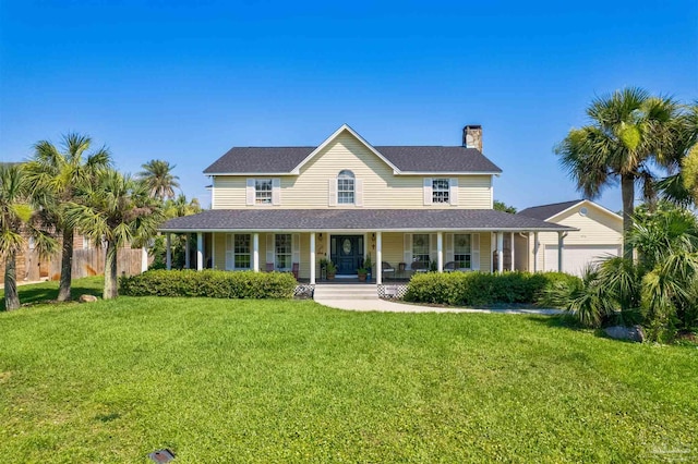 view of front of property featuring covered porch and a front yard