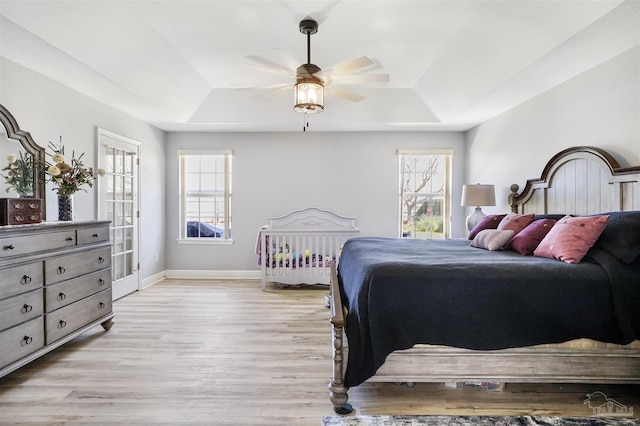 bedroom featuring multiple windows, a raised ceiling, and light wood finished floors