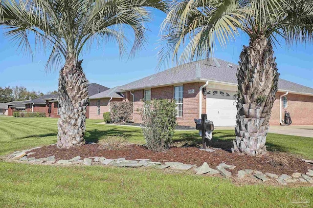 view of front of home with brick siding, a garage, a front lawn, and roof with shingles