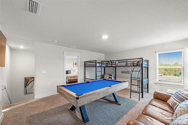 game room with baseboards, visible vents, pool table, carpet, and a textured ceiling