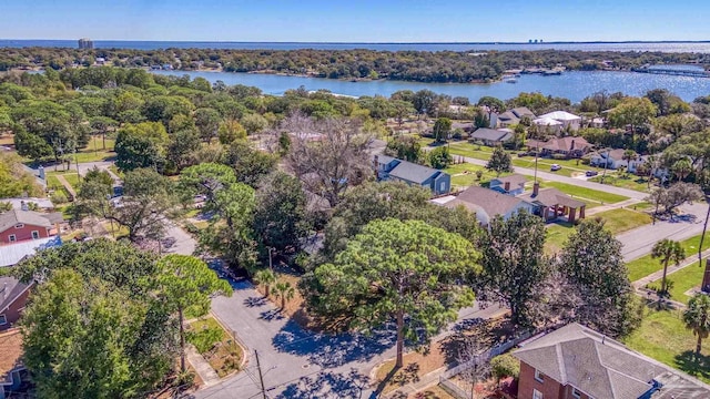 bird's eye view featuring a water view and a residential view