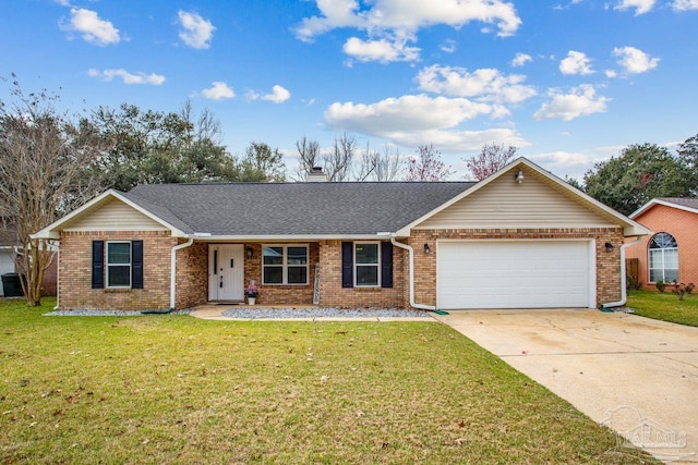 single story home featuring an attached garage, brick siding, concrete driveway, and a front yard