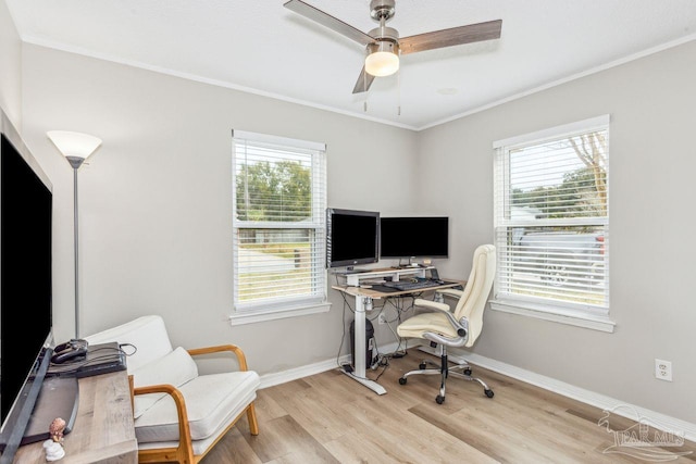 office space featuring a healthy amount of sunlight, light wood-style floors, baseboards, and ornamental molding