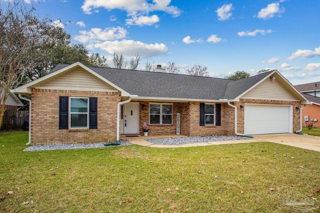 ranch-style house featuring concrete driveway, a chimney, an attached garage, a front yard, and brick siding