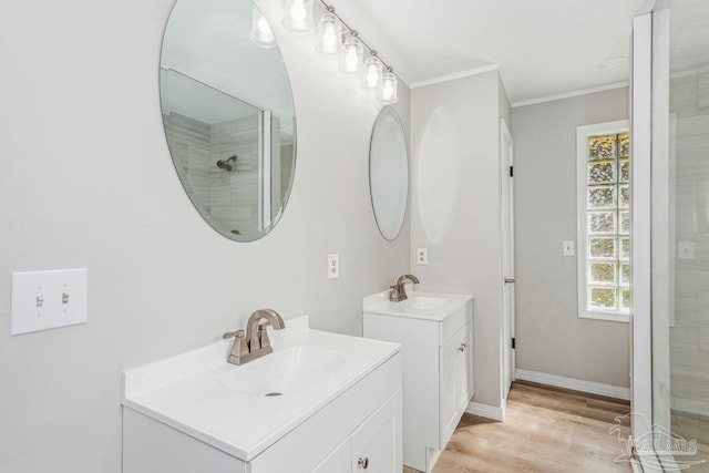 bathroom with ornamental molding, two vanities, a sink, and wood finished floors