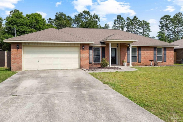 single story home with an attached garage, brick siding, driveway, and a front yard