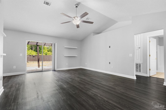 unfurnished living room featuring dark wood finished floors, lofted ceiling, visible vents, and ceiling fan