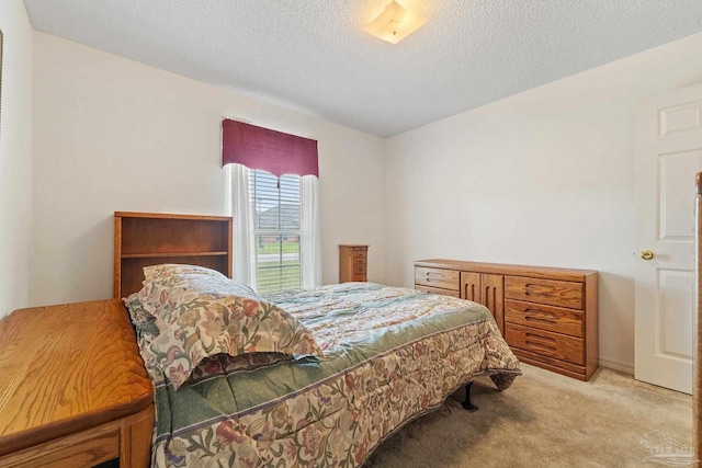 bedroom with carpet and a textured ceiling