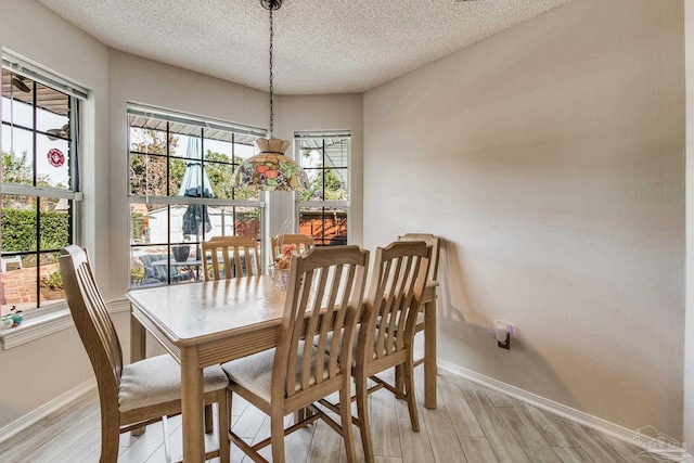 dining space with a textured ceiling and light wood-type flooring