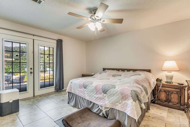 bedroom with french doors, ceiling fan, a textured ceiling, and access to exterior