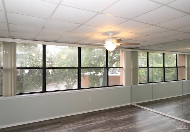 spare room featuring wood-type flooring, a drop ceiling, and ceiling fan