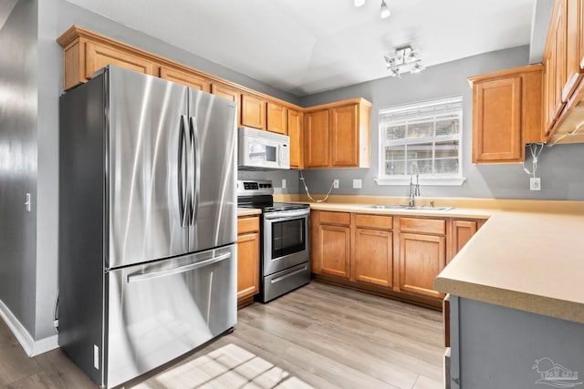 kitchen with appliances with stainless steel finishes, sink, and light hardwood / wood-style flooring