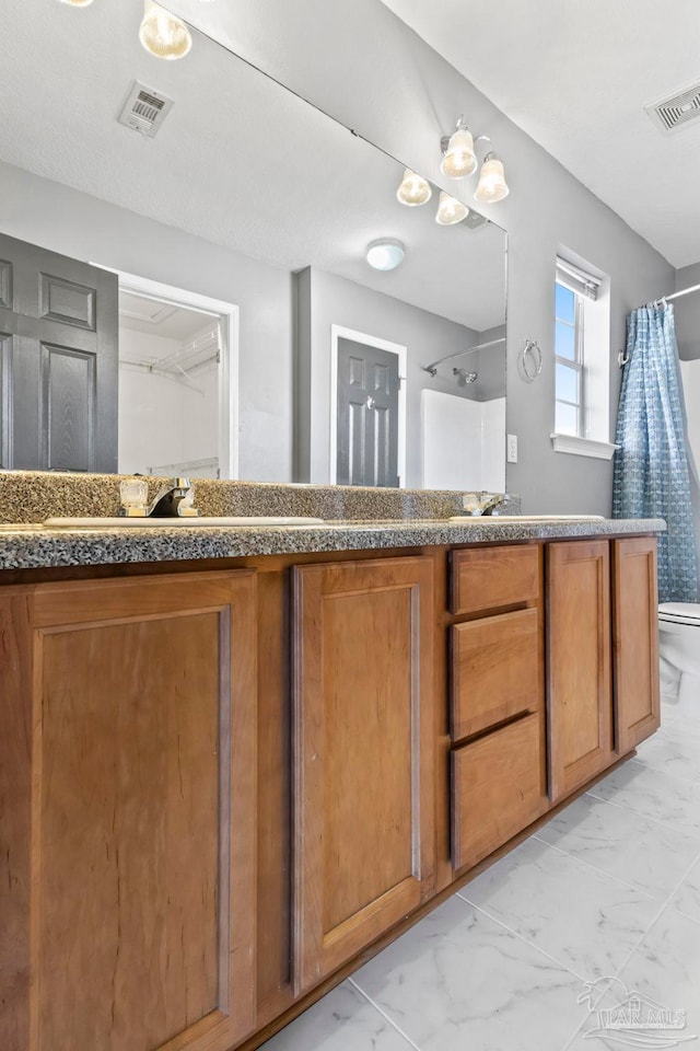 bathroom with vanity, a shower with curtain, and toilet