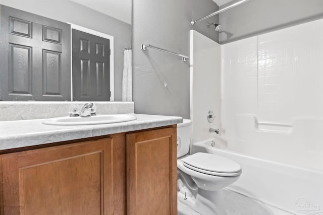 full bathroom featuring vanity, shower / tub combo with curtain, and toilet