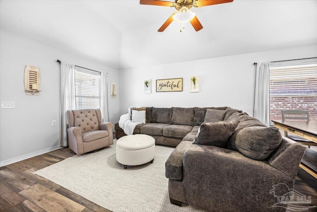 3966 Willow Glen Dr, Pace, FL 32571 - living area with wood finished floors, ceiling fan, baseboards, and lofted ceiling