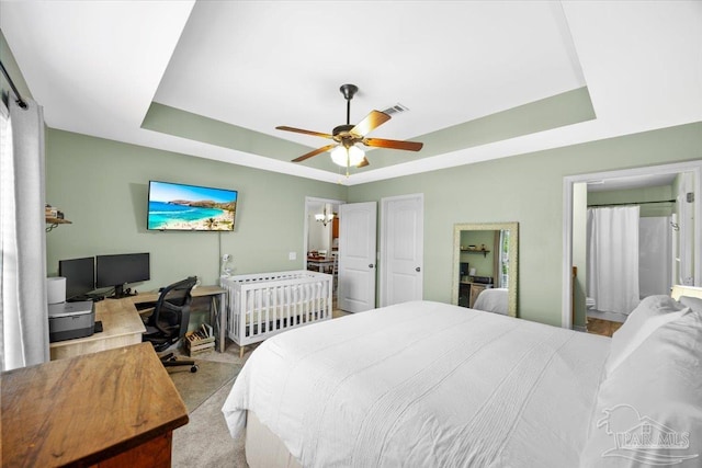 3966 Willow Glen Dr, Pace, FL 32571 - bedroom with a raised ceiling, ceiling fan, and visible vents