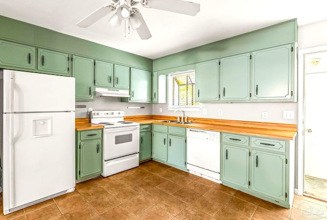 5791 Coronada Blvd Apt 2, Pensacola, FL 32507 - kitchen featuring dark tile patterned floors, ceiling fan, a sink, under cabinet range hood, and white appliances