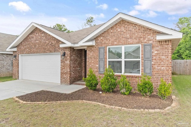 ranch-style house featuring driveway, a garage, fence, and brick siding