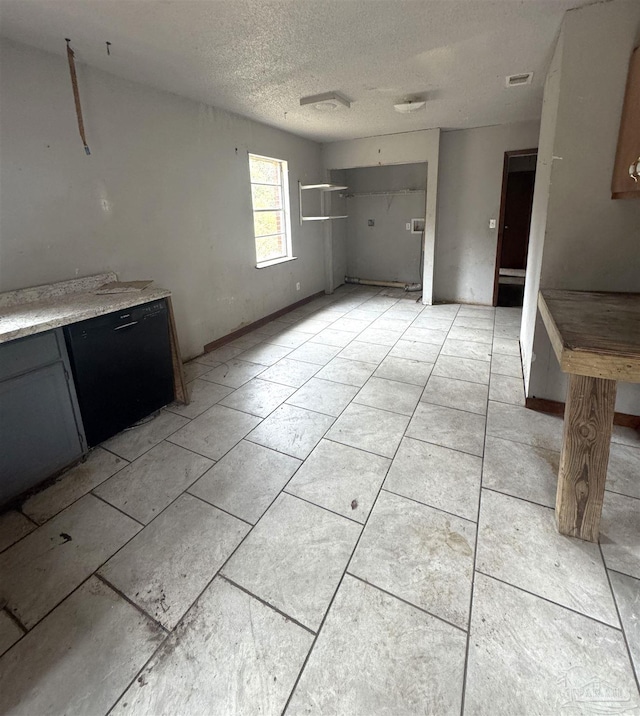 kitchen with gray cabinetry and a textured ceiling