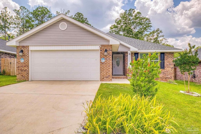 single story home featuring a garage and a front yard