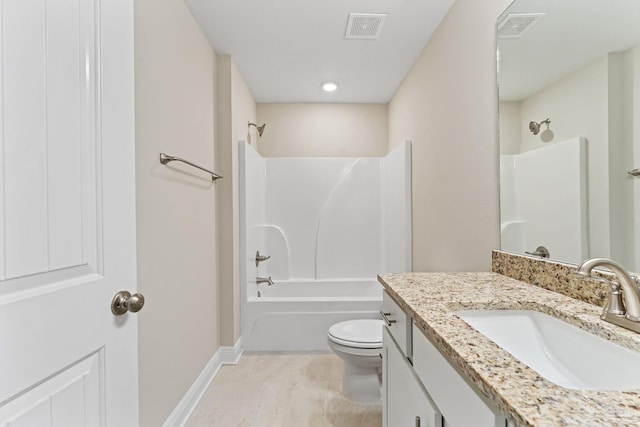 full bathroom with toilet, vanity, and tub / shower combination